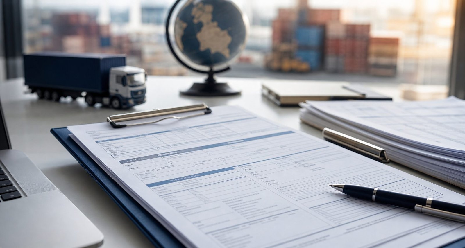 Organized logistics documentation and shipment records on a desk
