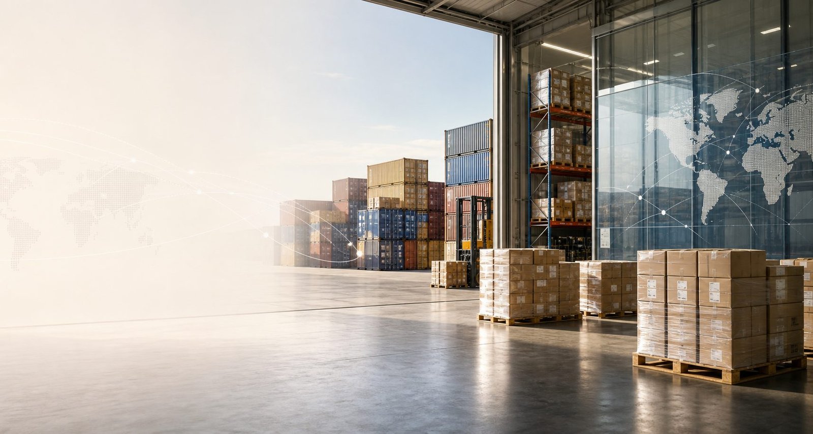 Modern warehouse with freight pallets and route planning visual